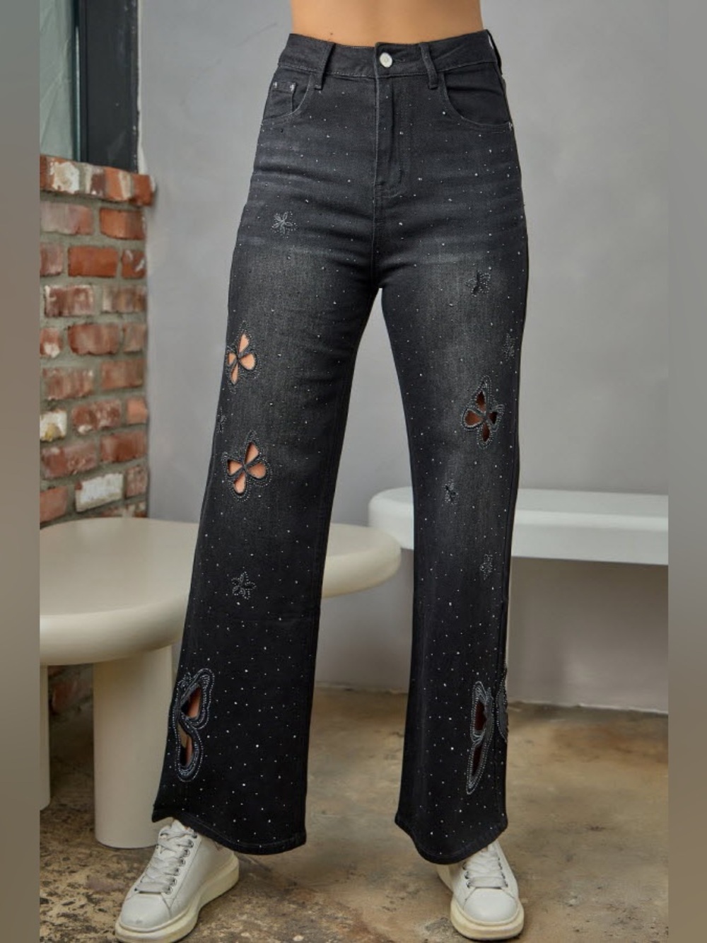 Women's Black Embellished Butterfly Jeans